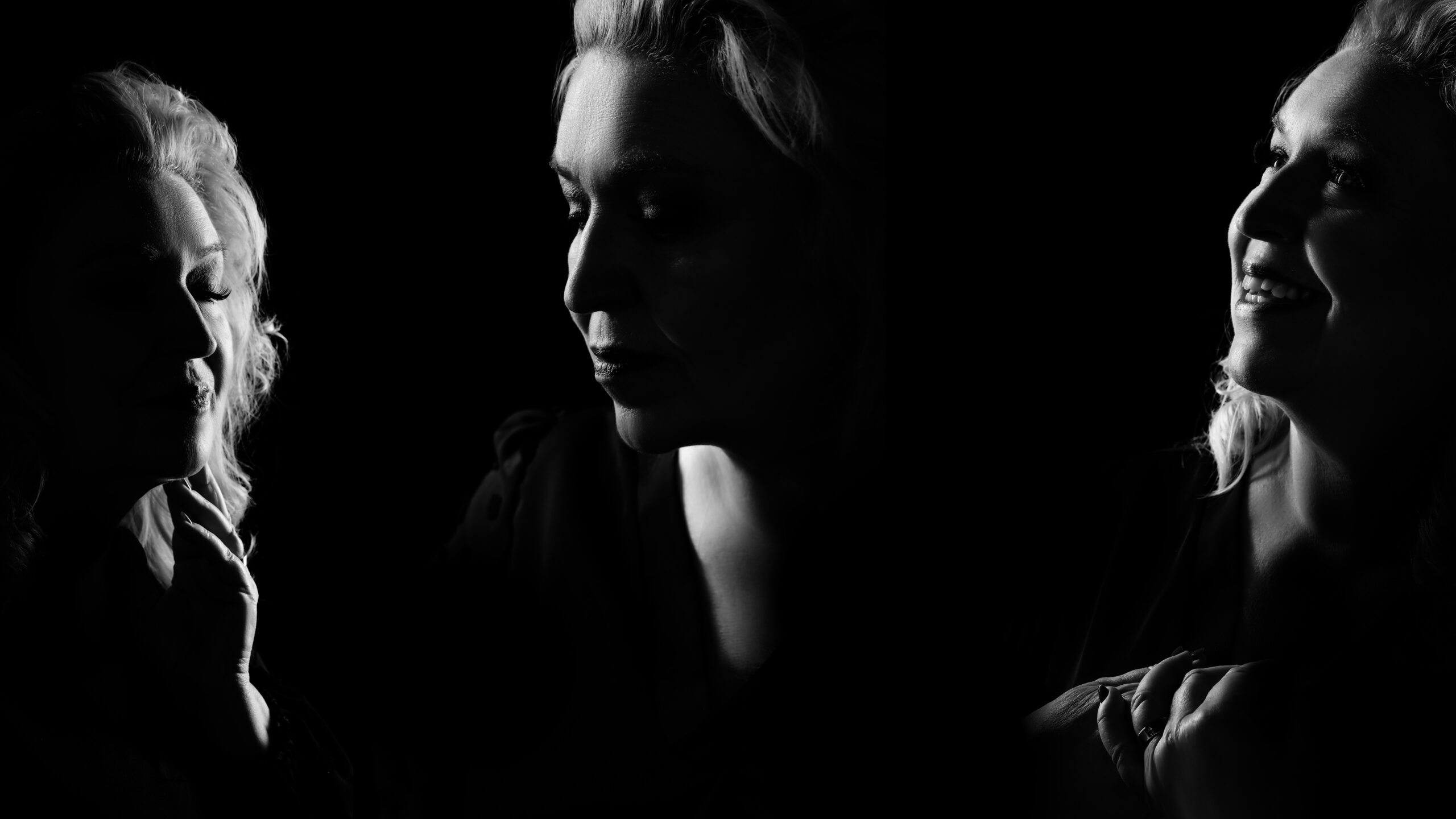 Black and white triptych portrait of a woman with blonde hair showing three expressions: eyes closed with hand near chin, eyes closed with a serene expression, and smiling while looking up with hands clasped near chest.