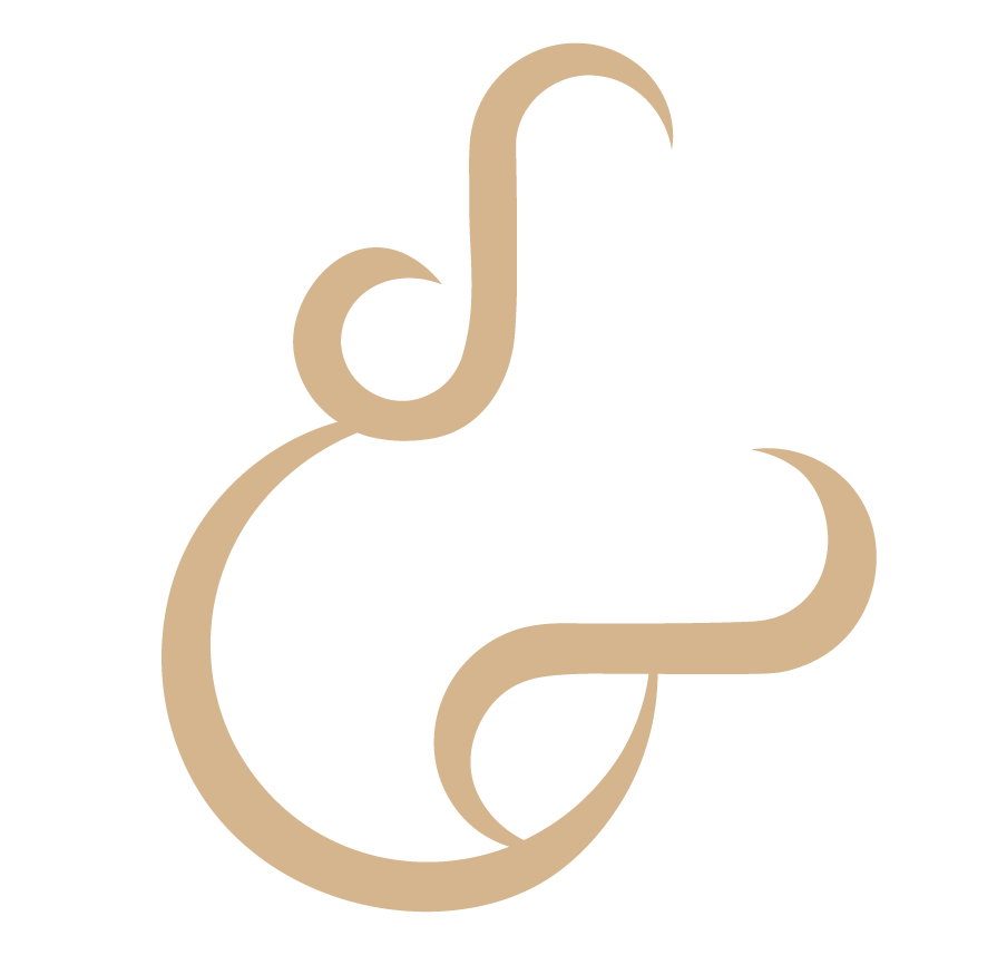 Stylized beige ampersand symbol with smooth curved lines on a white background.
