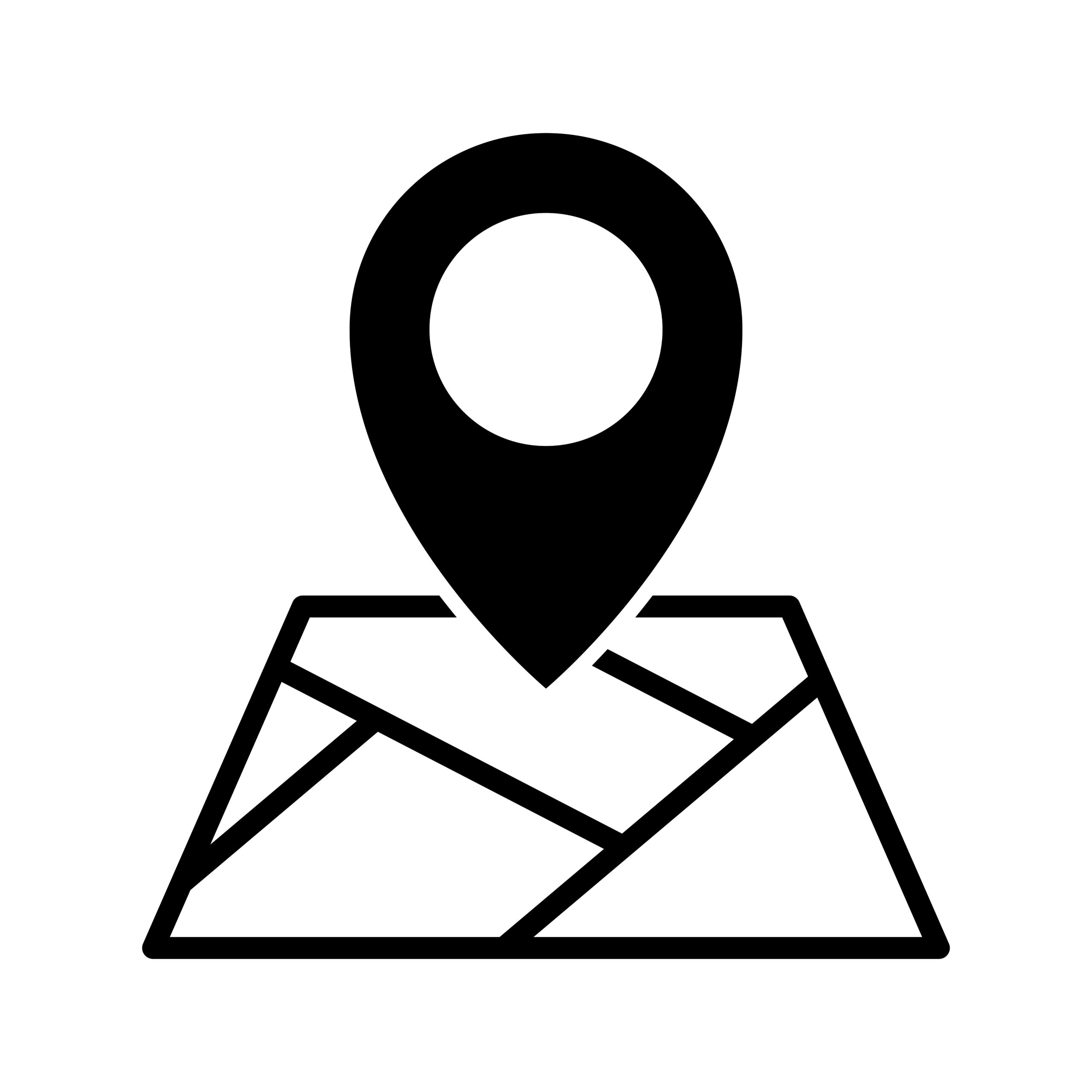 Black map icon with a location pin marker hovered over it on a white background.