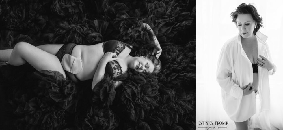 Black-and-white collage of a woman in lingerie on the left reclining on a textured dark fabric with eyes closed, and on the right standing and wearing a white shirt over lingerie, looking downward with earrings visible.