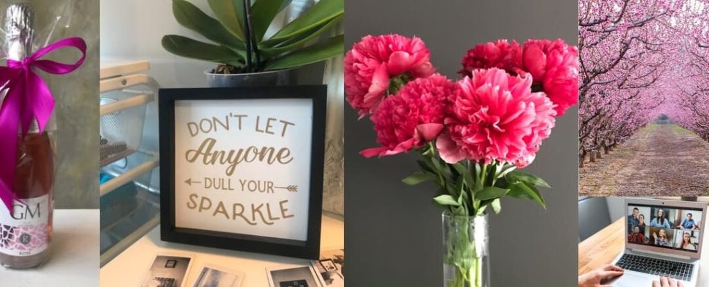 Collage of images including a bottle of rosé wine with a pink ribbon, a framed sign reading 'DON'T LET Anyone DULL YOUR SPARKLE', a vase with bright pink flowers, a blooming pink flower orchard, and a person in a video call on a laptop.