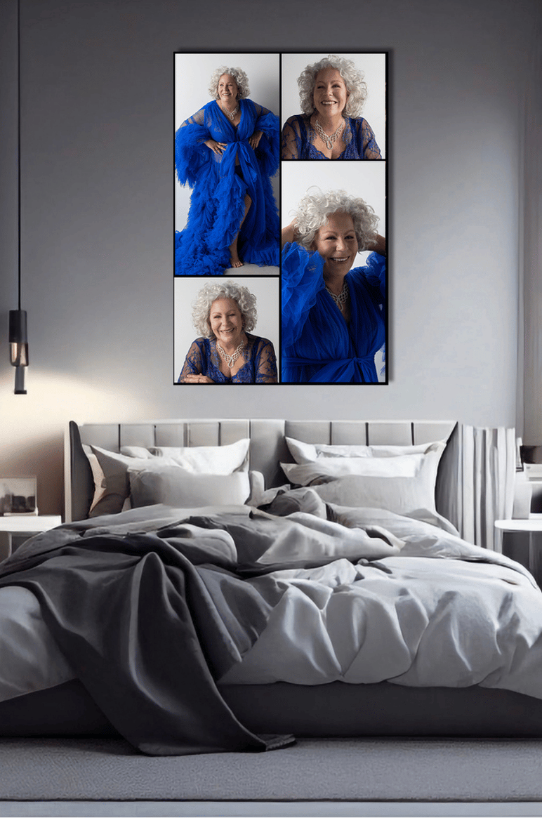Collage of four photos of a smiling older woman with curly gray hair wearing a flowing, bright blue lace dress and silver necklace, displayed on a bedroom wall above a neatly made bed with gray and white bedding.