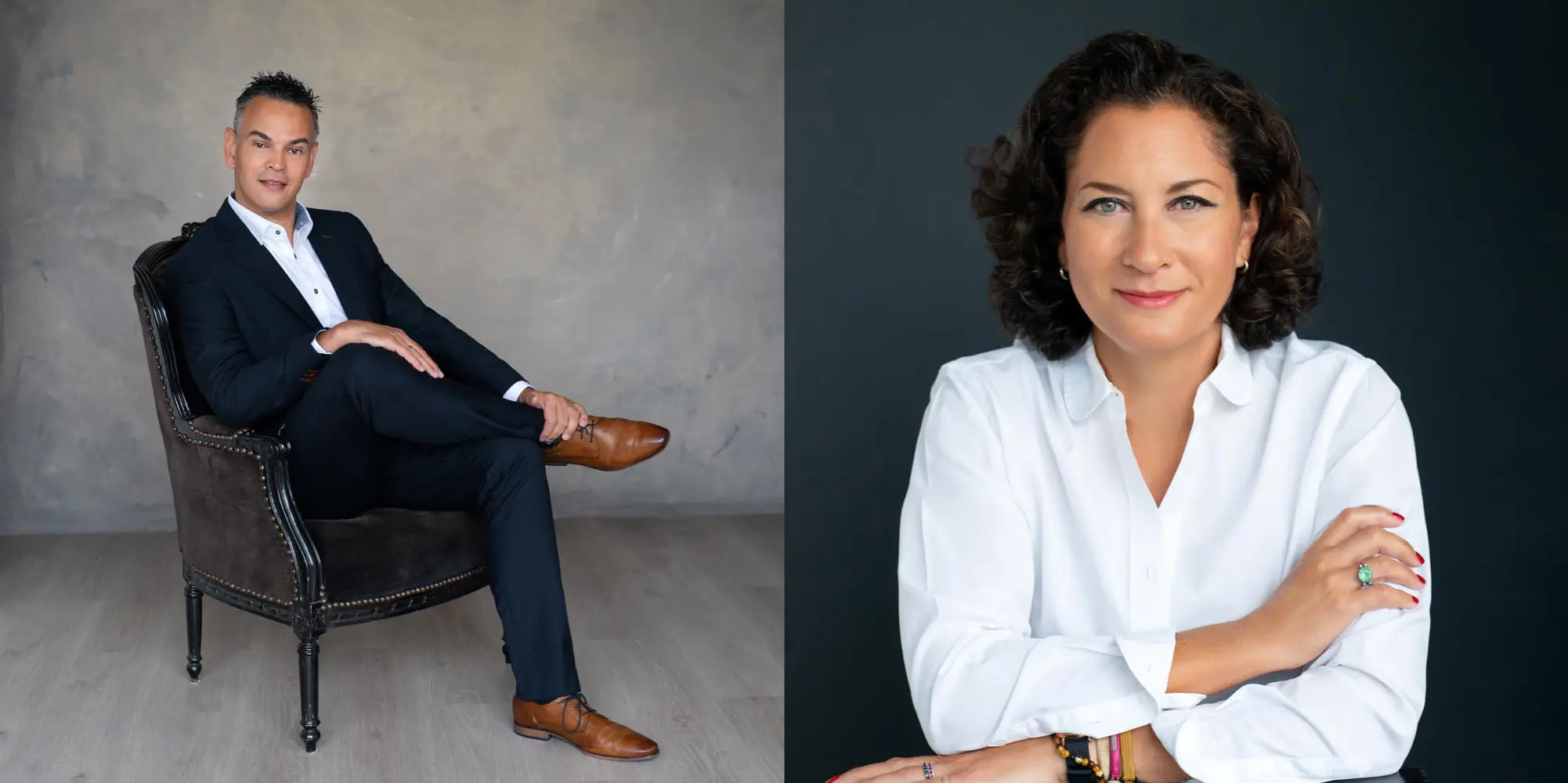 Composite image of two professional portraits: on the left, a man in a black suit and brown shoes sits cross-legged on a dark ornate chair against a plain gray background; on the right, a woman with curly dark hair in a white shirt poses with arms crossed against a dark background, wearing multiple bracelets and rings with red nail polish.
