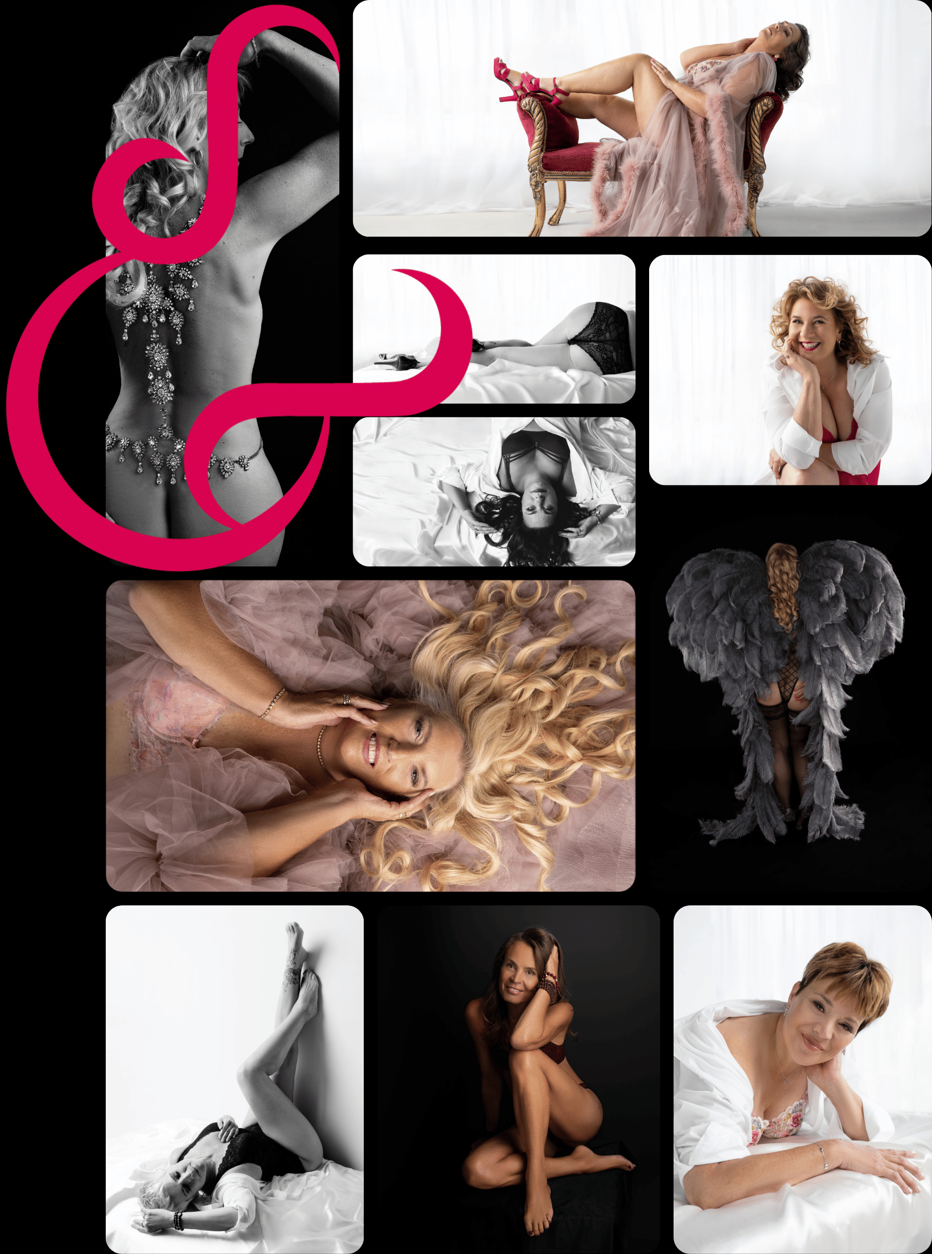 Collage of nine intimate boudoir portraits of diverse women posing confidently in lingerie and elegant outfits, featuring playful, relaxed, and sensual expressions against black or white backgrounds, some with props like a vintage chair or large feathered wings. The images mix color and black-and-white photography with varied poses including reclining, lying down, standing, and close-ups highlighting natural beauty and empowerment.