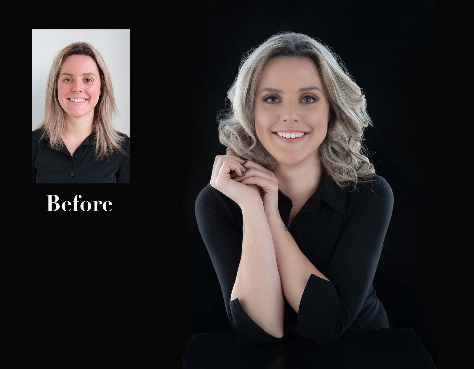Before and after photos of a smiling woman with blonde hair wearing a black shirt; in the before photo, her hair is straight and loose, and in the after photo, her hair is styled in soft curls with more volume against a dark background.