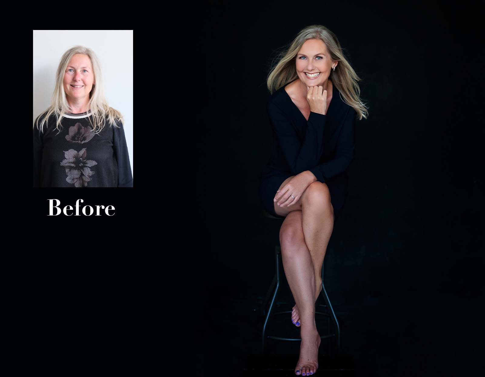 Side-by-side before and after photos of a woman with long blonde hair: on the left, a casual portrait with a floral top and natural expression labeled 'Before'; on the right, a studio portrait against a black background of the same woman smiling brightly, wearing a black dress, sitting on a stool with legs crossed and resting her chin on her hand.