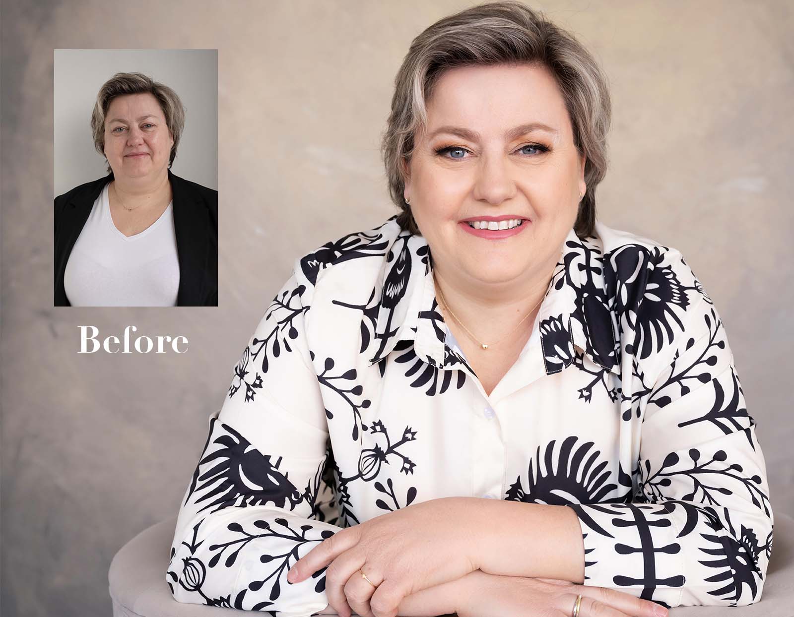 Side-by-side before and after portraits of the same smiling woman. In the 'before' image, she wears a black blazer over a white shirt with a neutral background. In the larger 'after' image, she wears a white blouse with a bold black floral pattern, has styled hair, enhanced makeup, and is posed smiling with arms crossed on a light beige background.
