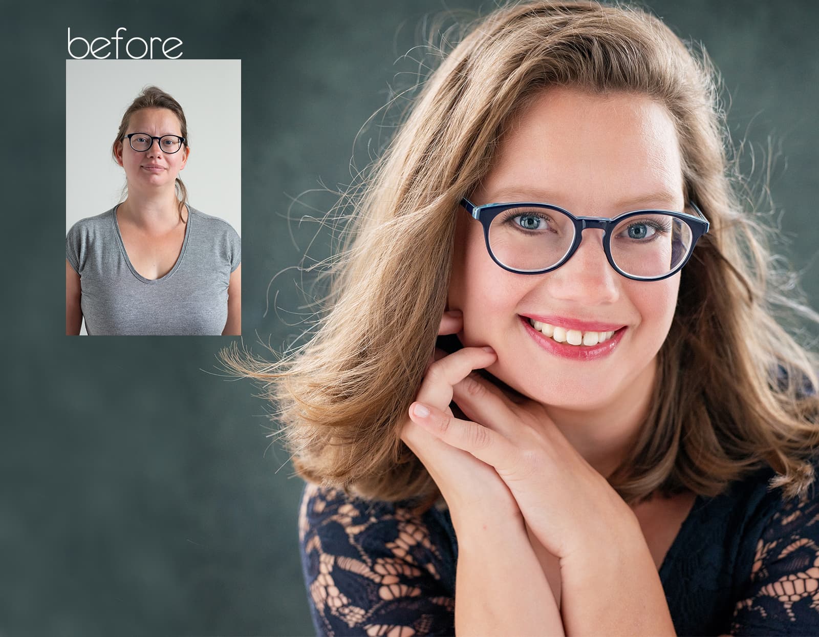 Side-by-side comparison showing a woman before with plain hair and minimal makeup wearing a gray t-shirt, and after smiling with styled hair, makeup, and glasses in a dark lace top.