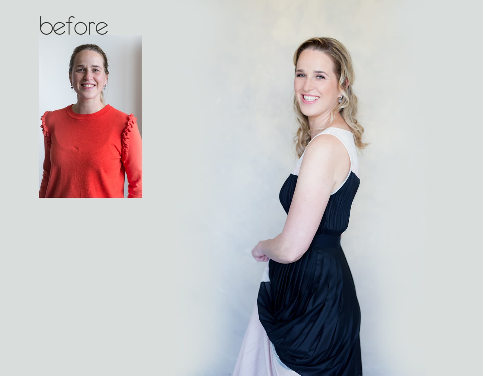 Side-by-side images showing a woman before and after. In the 'before' image on the left, she wears a red long-sleeve top, has her hair pulled back, and smiles at the camera. In the larger 'after' image on the right, she wears an elegant black and white sleeveless dress, her hair styled in loose curls, and smiles while looking over her shoulder against a plain light background.