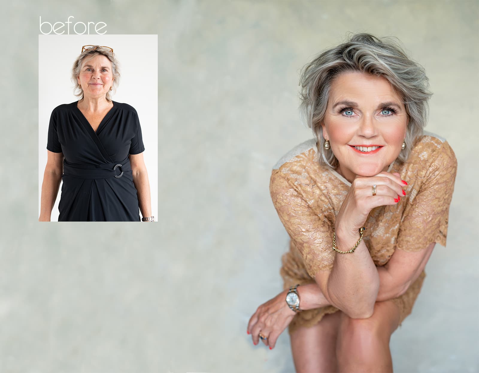 Before-and-after comparison of an older woman: before photo shows her standing in a black dress with glasses on her head and a neutral expression; after photo shows her smiling, leaning forward in a beige lace dress with styled hair, makeup, and bright red nail polish.