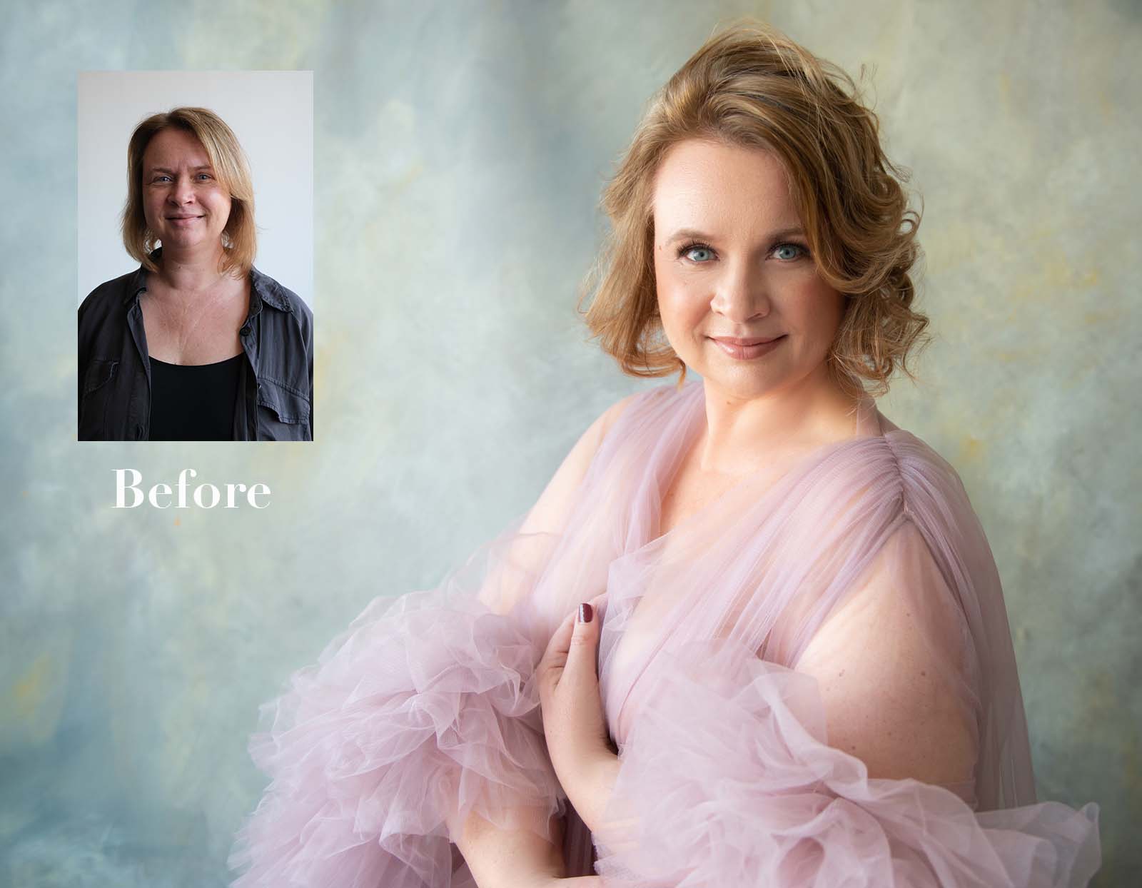 Portrait of a woman smiling confidently in a soft pink sheer gown with voluminous sleeves, showing a styled curly bob haircut and natural makeup, against a muted textured backdrop; inset shows a before photo of the same woman with straight shoulder-length hair and casual black top and jacket.