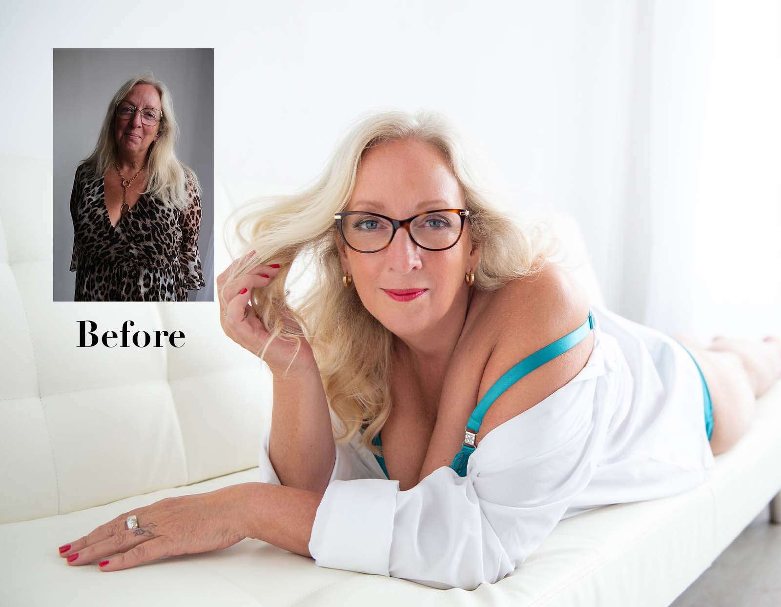Before and after images of a middle-aged woman with long blonde hair and glasses; before image shows her standing with a serious expression in a leopard print top, after image shows her reclining on a white couch wearing glasses, a white open shirt revealing a teal bra strap, with styled hair, red lipstick, and a confident smile.