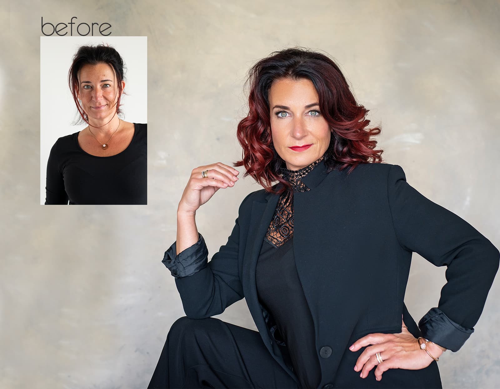 Before and after images of a woman showcasing a transformation: the before photo shows her with simple hair pulled back and minimal makeup; the after photo shows her with styled, voluminous red curly hair, wearing a black lace top and blazer, with red lipstick, posing confidently against a neutral background.