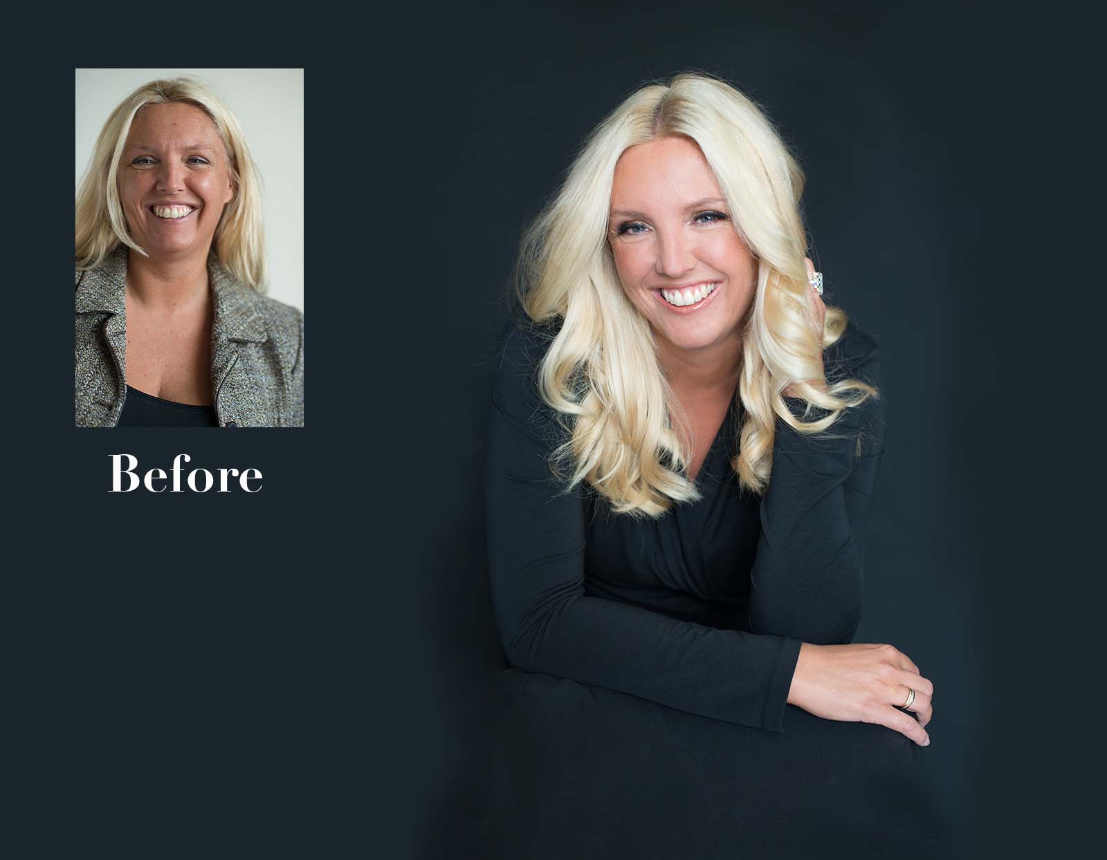 Before and after portraits of a smiling blonde woman showing a makeover; before photo shows her with straight hair and casual attire, after photo shows her with styled curled hair, makeup, and a black long-sleeve top, against a dark background.