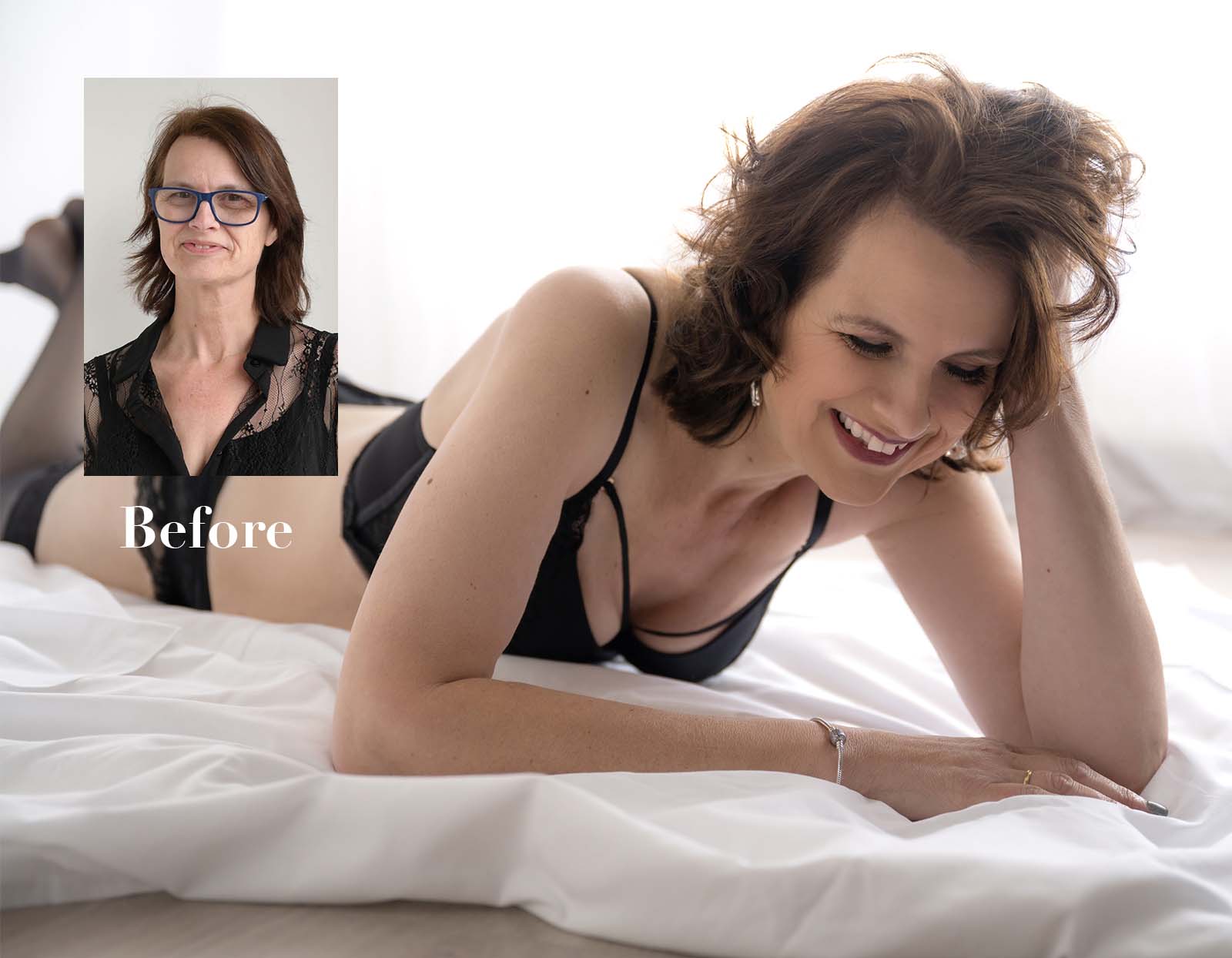 Before and after photos of a woman in black lingerie; inset before photo shows her with glasses and a neutral expression, main after photo shows her lying on a bed, smiling with styled hair and no glasses.