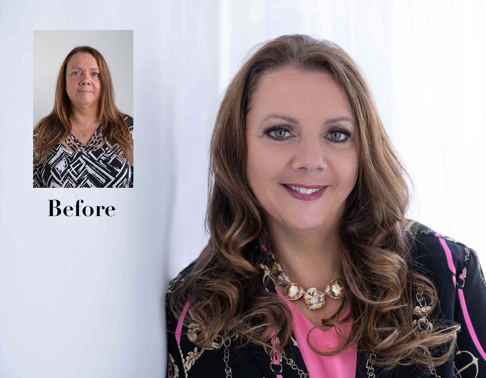 Before and after images of a woman with long hair; in the before photo she has straight hair and a geometric black-and-white top, in the after photo she has styled wavy hair, makeup, a black and pink patterned jacket, a bright pink top, and a statement necklace, smiling.