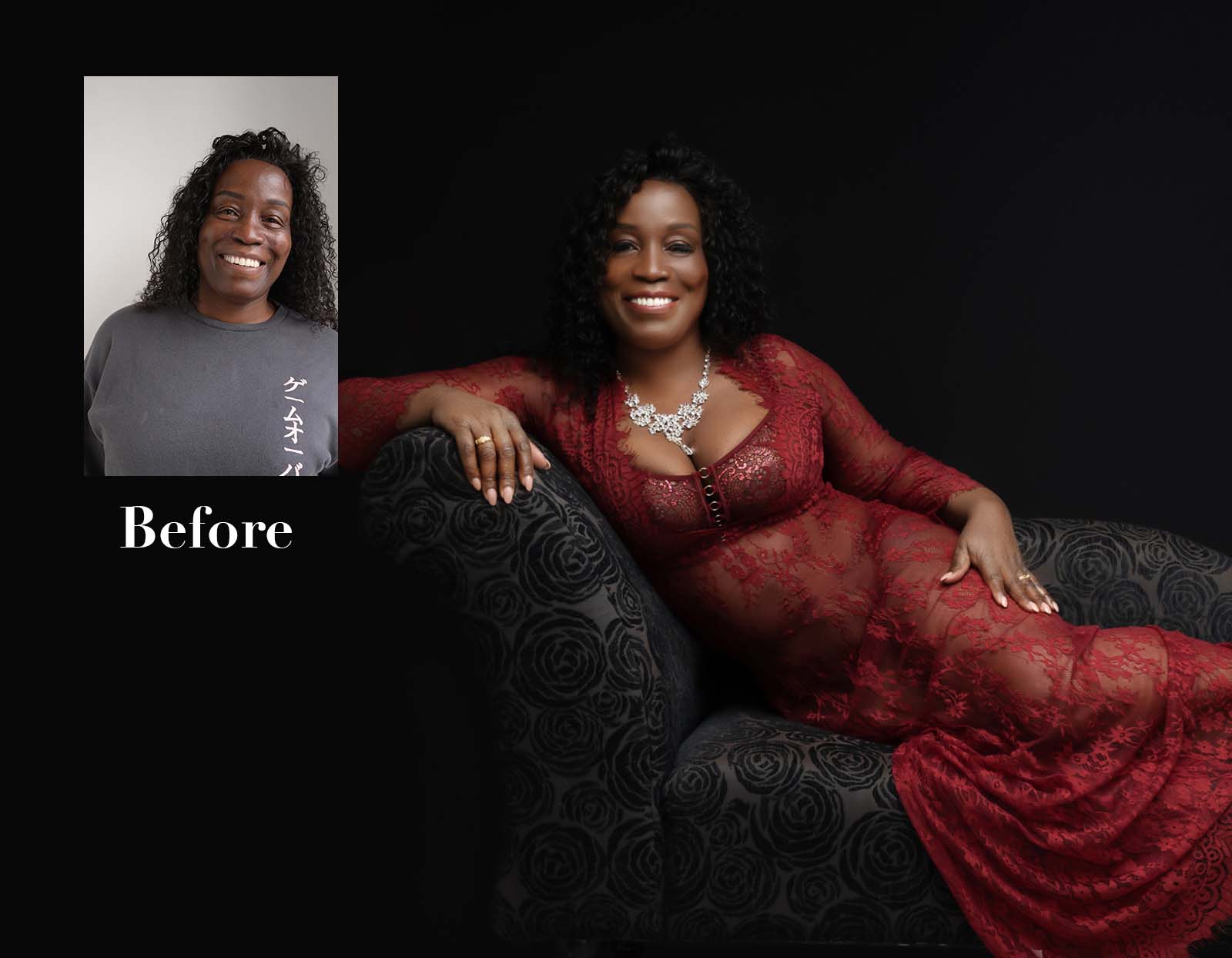 Before and after portrait of a smiling Black woman with curly hair: before, wearing a gray shirt with Japanese characters, against a light background; after, reclining on a patterned black chair wearing a red lace dress and a silver necklace, smiling confidently against a dark background.