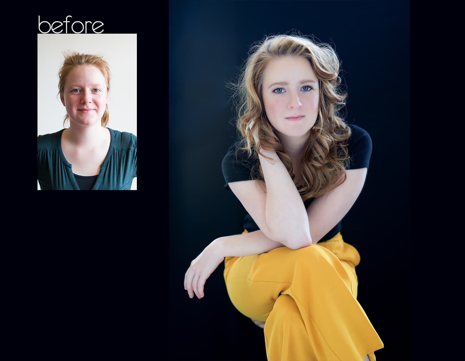 Side-by-side before and after portraits of a woman with red hair, showing a natural look on the left with a plain background, and on the right styled curly hair, wearing a black top and yellow pants against a dark background.
