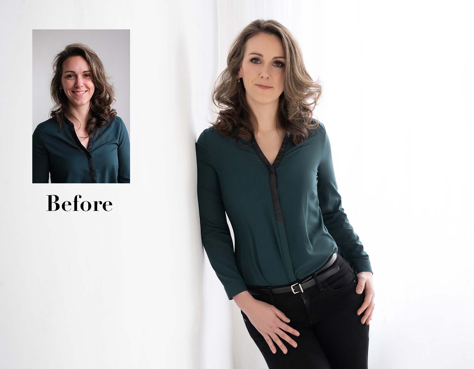 Before-and-after portrait of a woman with wavy brown hair wearing a dark green blouse and black pants, showing her relaxed smile in the before photo and a confident pose leaning against a white wall in the after photo.