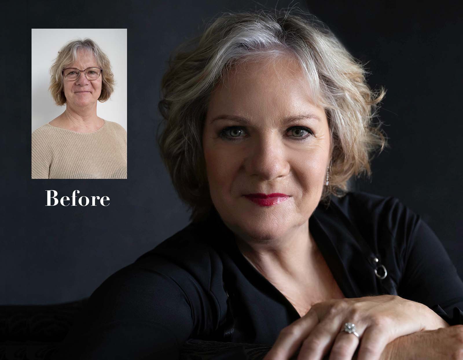 Before and after portrait comparison of a middle-aged woman with short gray hair: the before photo on the left shows her wearing glasses, a beige sweater, and no makeup; the larger after photo shows her without glasses, styled hair, makeup with red lipstick, wearing a black top, smiling confidently against a dark background.