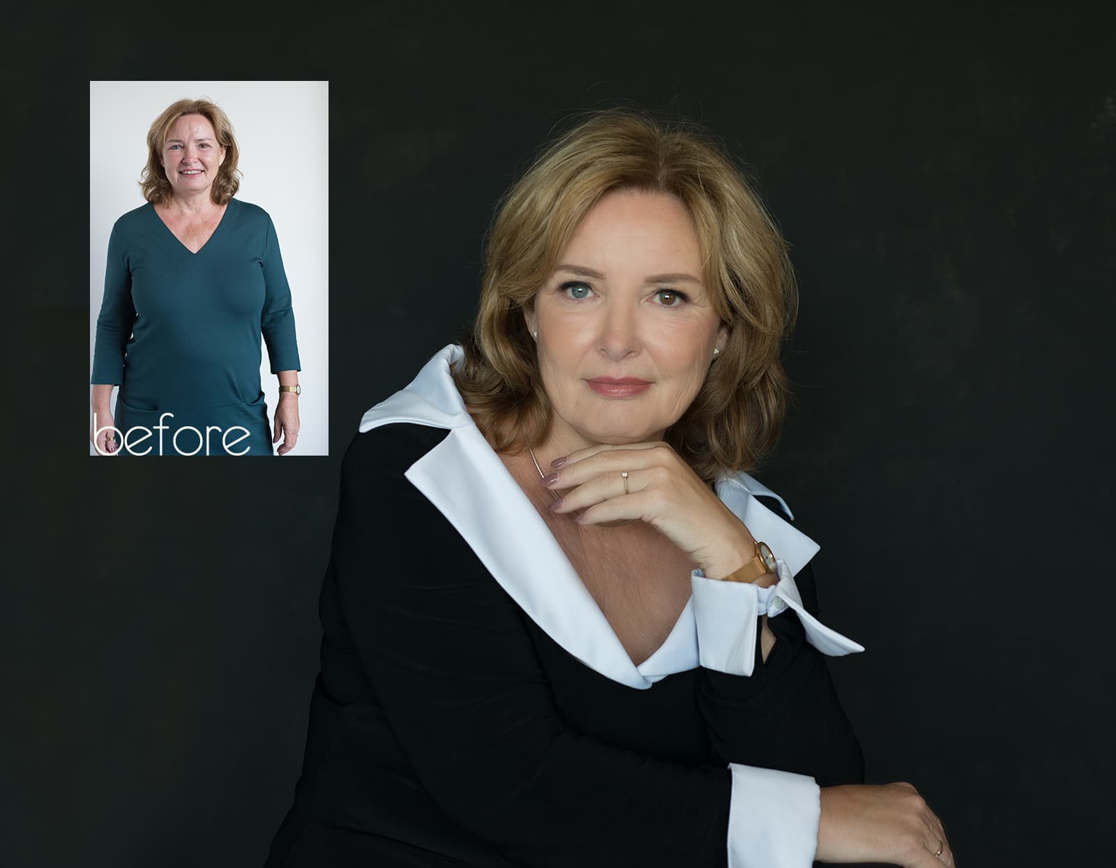 Before and after portraits of a middle-aged woman; the before photo shows her standing casually in a teal V-neck top against a white background, while the after photo shows her seated against a black background wearing a black outfit with dramatic white collar and cuffs, styled hair, makeup, and a thoughtful expression with her hand resting near her chin.