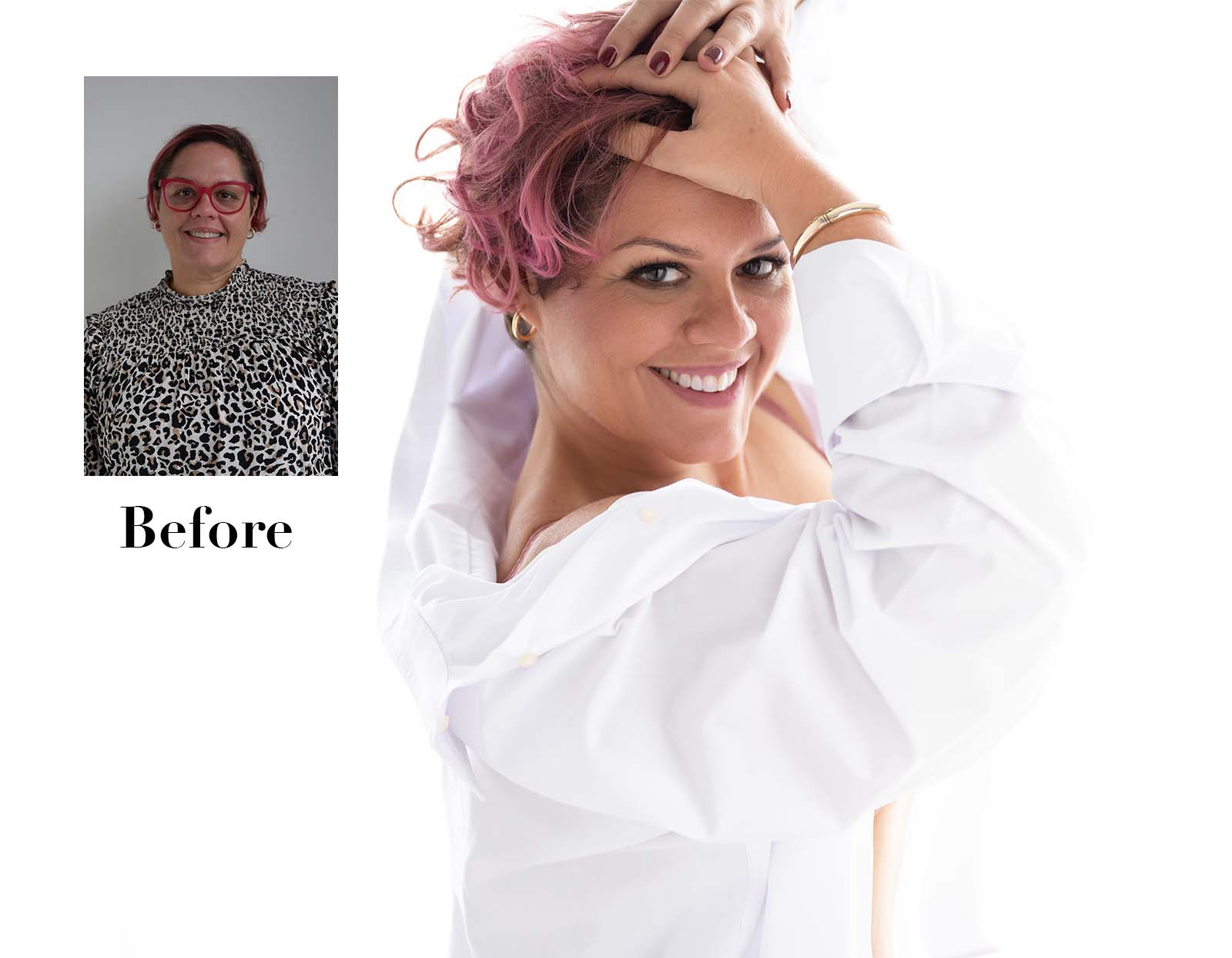 Before and after images of a woman with short hair: the left shows her with dark hair, red glasses, and a leopard-print top; the right shows her smiling brightly with pink highlights in her hair, wearing a white shirt with one shoulder exposed.