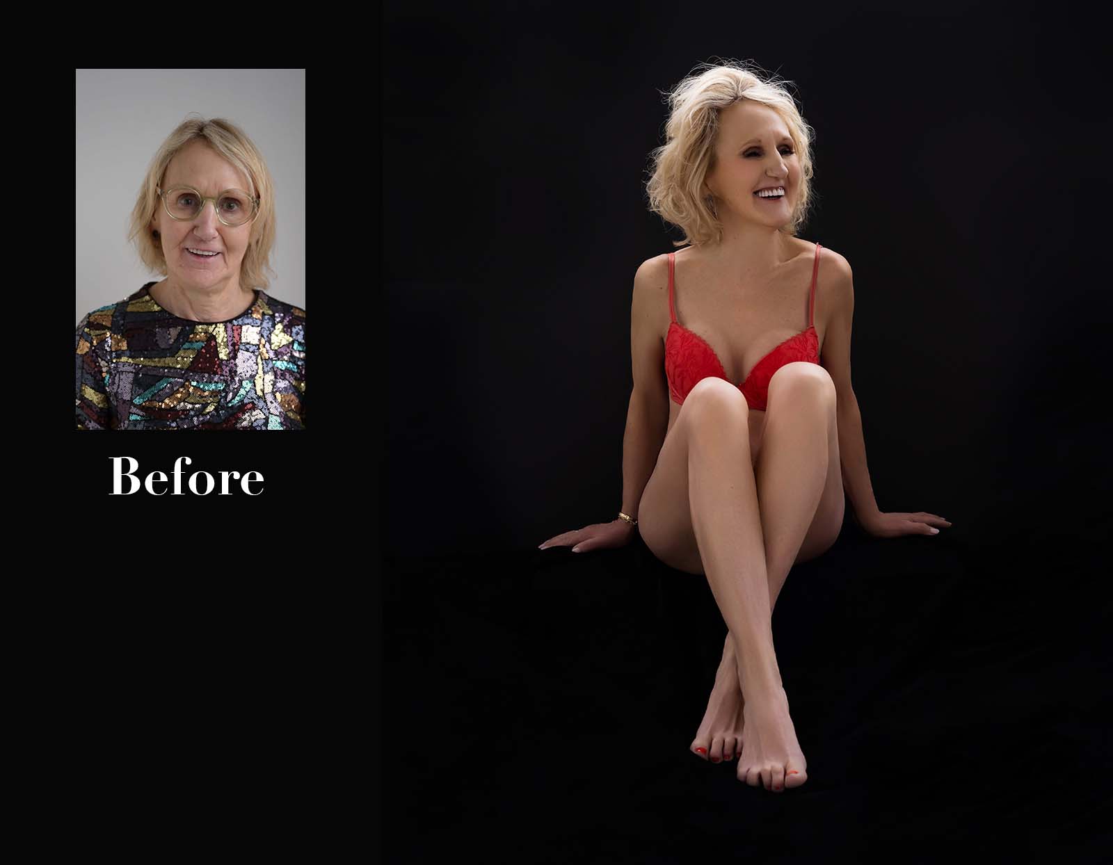 Before and after comparison of a woman with short blonde hair; left image shows her wearing glasses and a colorful top with a neutral expression, right image shows her without glasses, wearing red lingerie, sitting on a black surface, smiling.