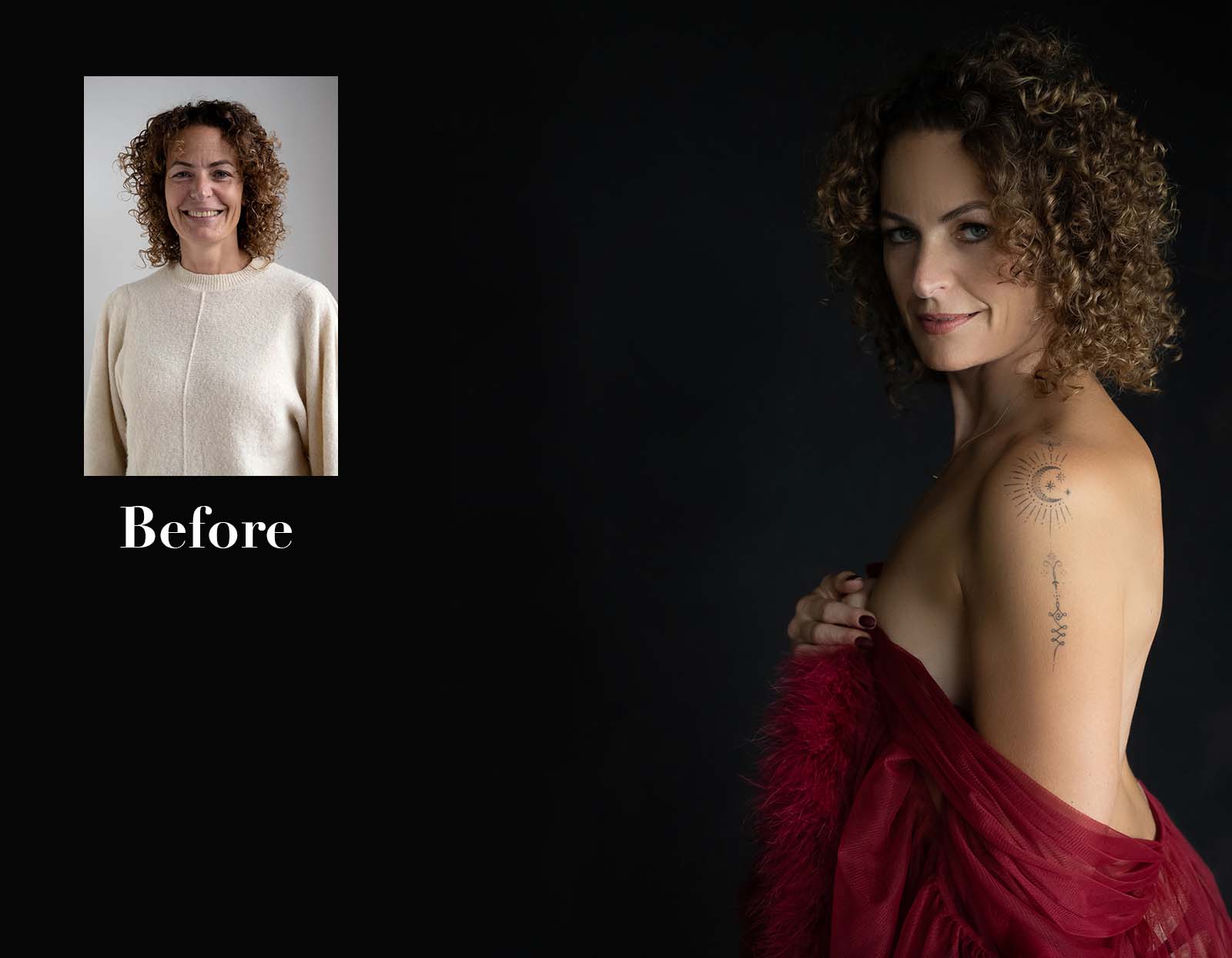 Side-by-side before and after portraits of a curly-haired woman: before, she wears a cream sweater and smiles at the camera against a gray background; after, she poses confidently against a black background, draped in a red garment that reveals a shoulder tattoo of a crescent moon, stars, and decorative lines.