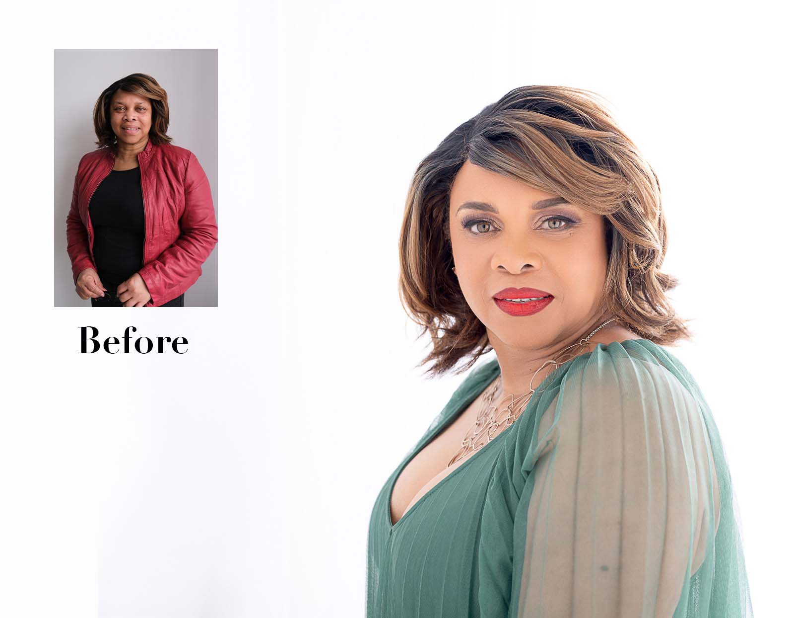 Before and after images of a woman: on the left, in a small inset, she wears a red jacket over a black top with no makeup, and on the right, a larger image shows her styled with makeup, red lipstick, and a green sheer dress with a gold necklace, smiling slightly against a white background.