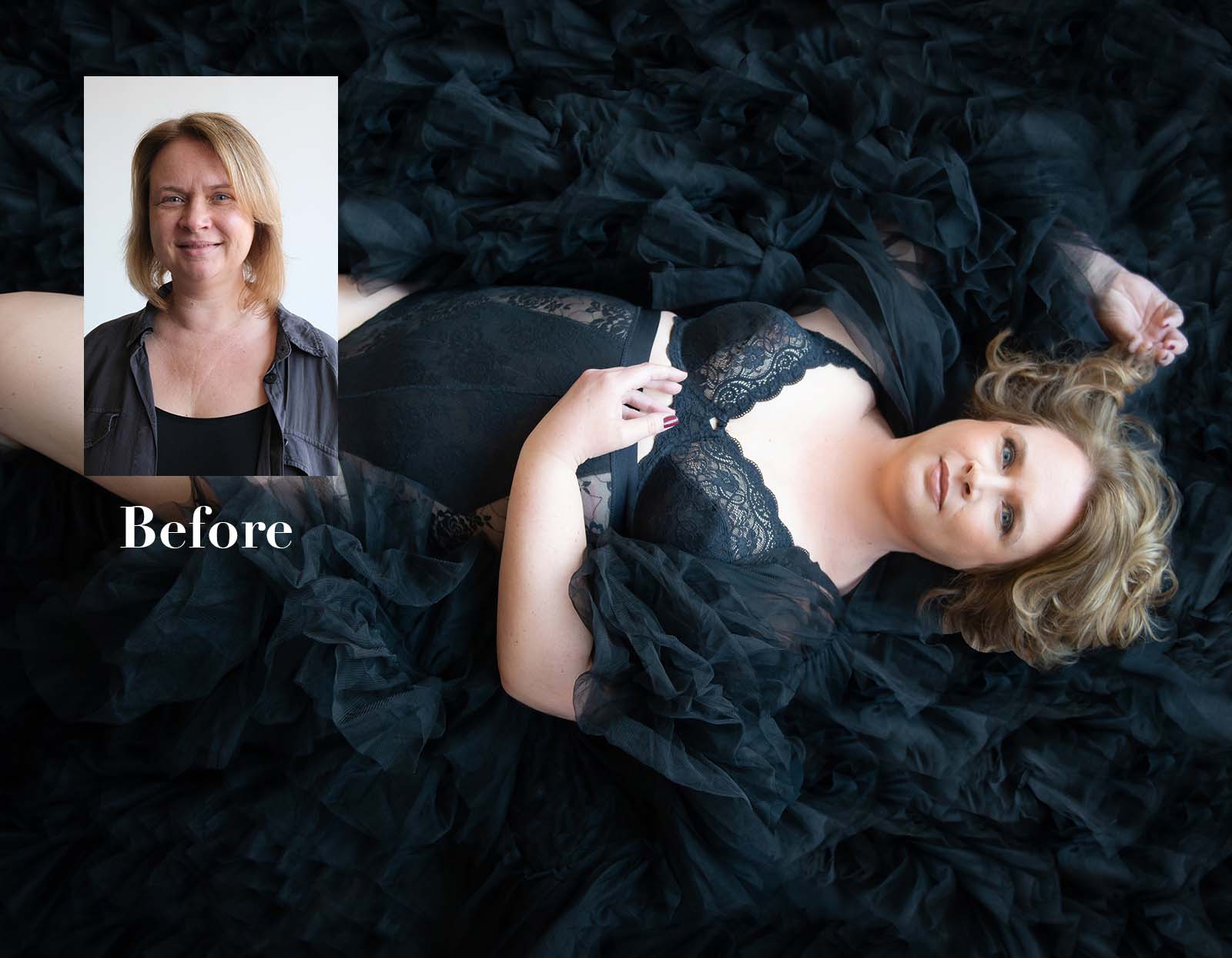 Before and after transformation of a woman: the smaller inset photo shows her with natural makeup and casual hair, while the larger main image shows her posed lying down on black ruffled fabric, wearing black lace lingerie and styled hair, looking confident and glamorous.