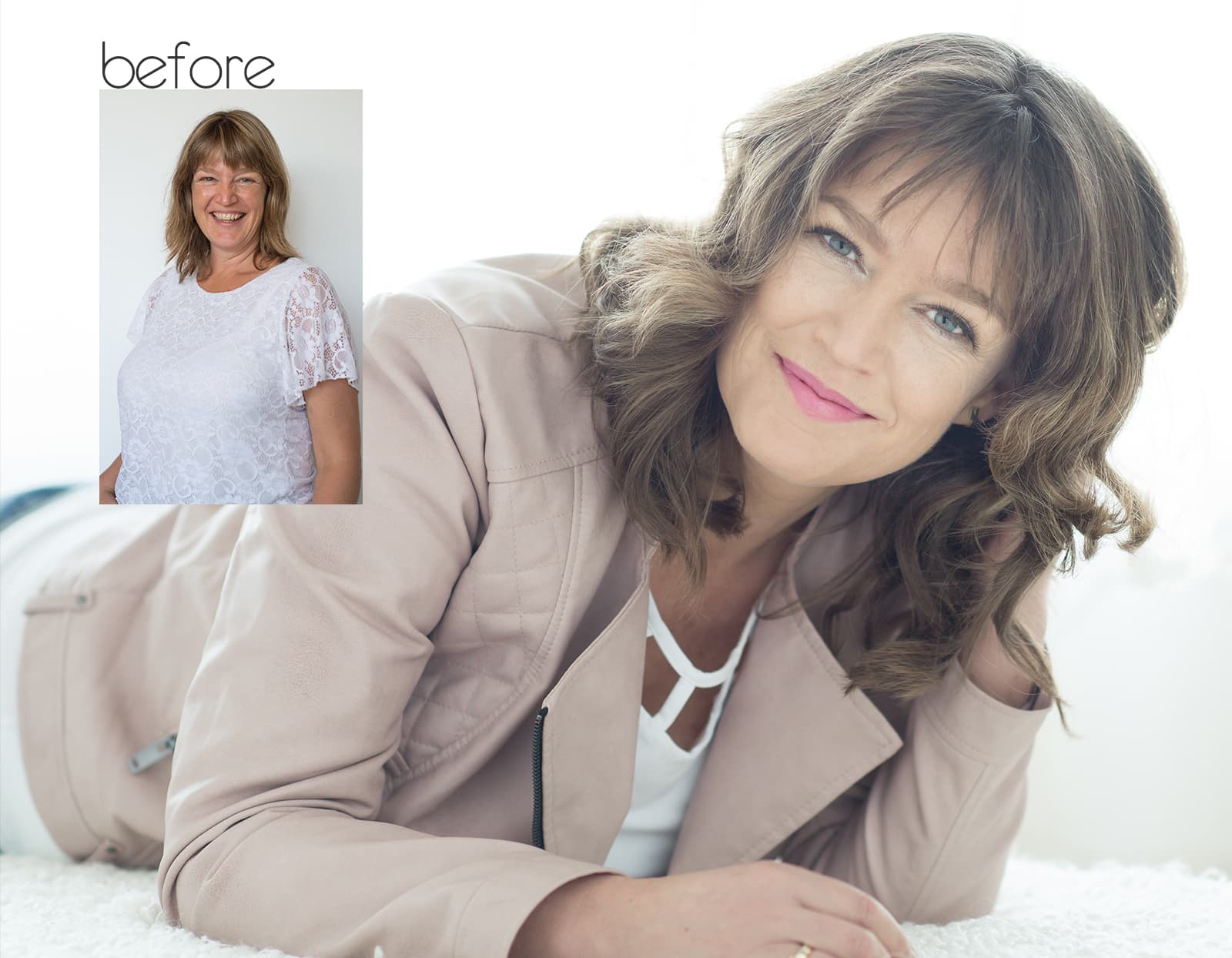 Before and after images of a woman. In the before image, she has straight, shoulder-length hair and is smiling wearing a white lace top. The after image shows her with styled, voluminous wavy hair, pink lipstick, and a beige jacket, lying on a white surface and smiling softly at the camera.