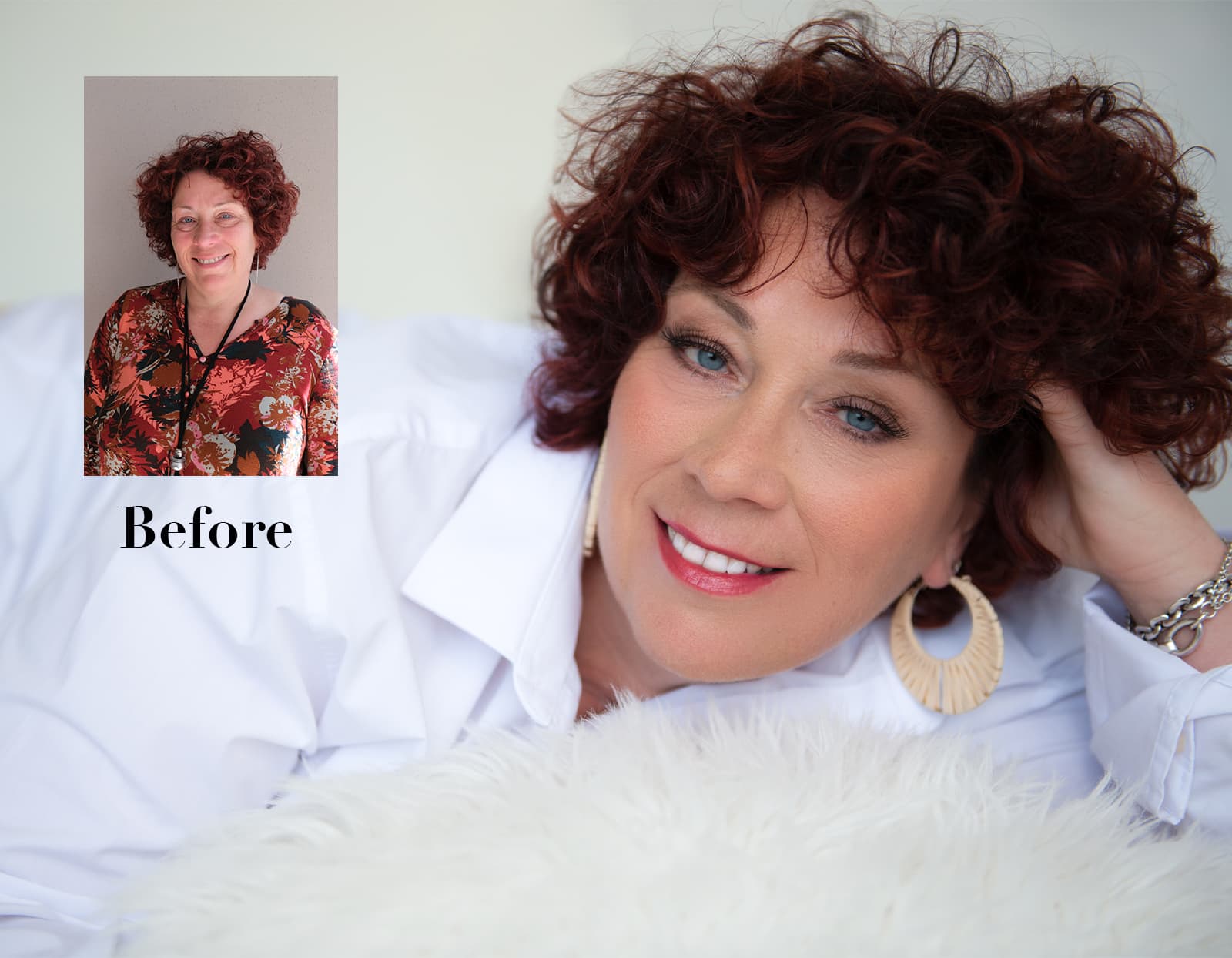 Before and after photos of a woman with curly red hair; the 'before' inset shows her standing in a floral top with minimal makeup, while the larger 'after' image shows her lying down, wearing a white shirt with styled hair, makeup, and large earrings, smiling at the camera.