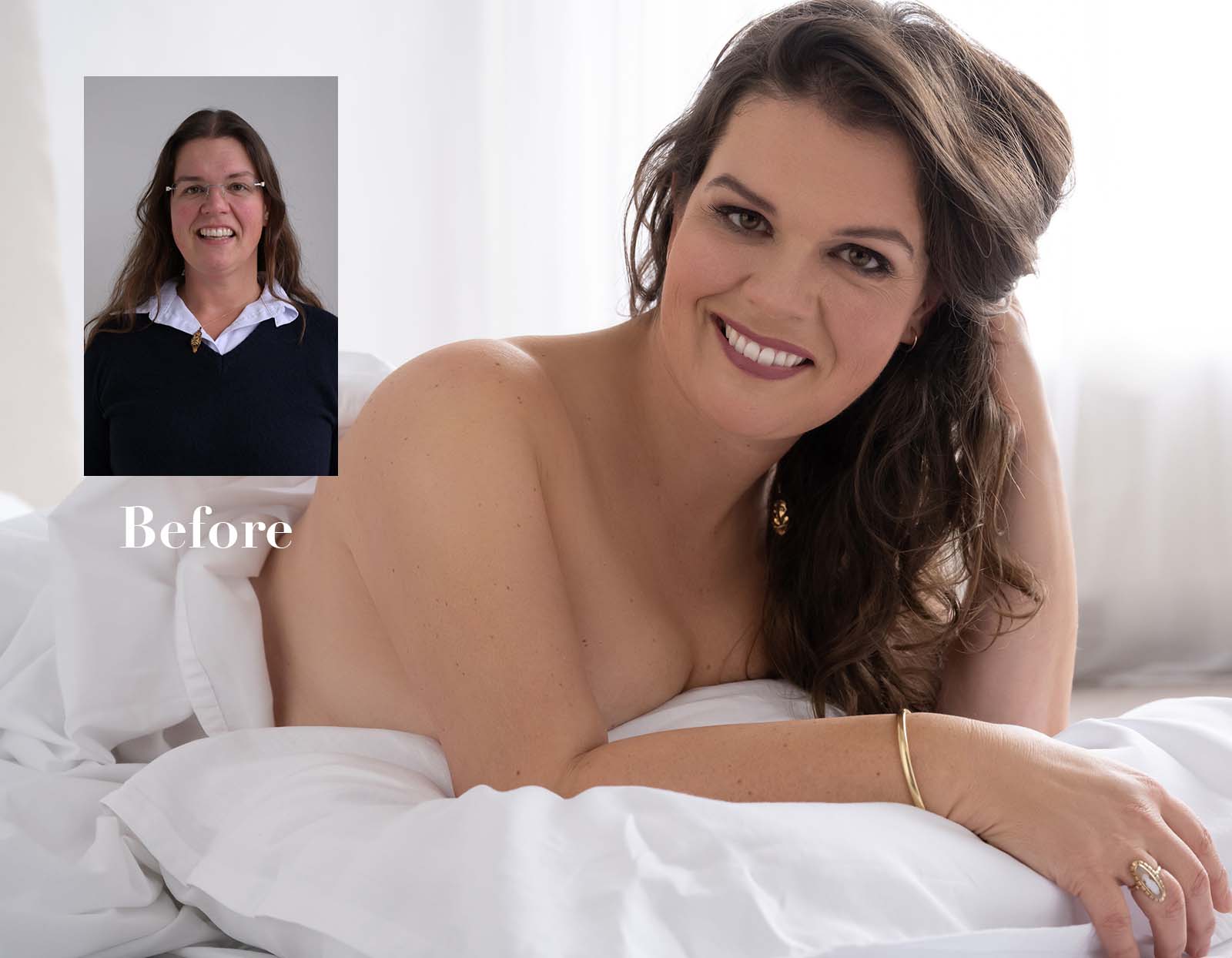 Before and after images of a woman: the before image shows her with glasses, long straight hair, and a black sweater over a collared shirt, smiling at the camera; the after image shows her lying topless on a bed with white sheets, smiling with styled hair, makeup, and jewelry including a bracelet and a ring.