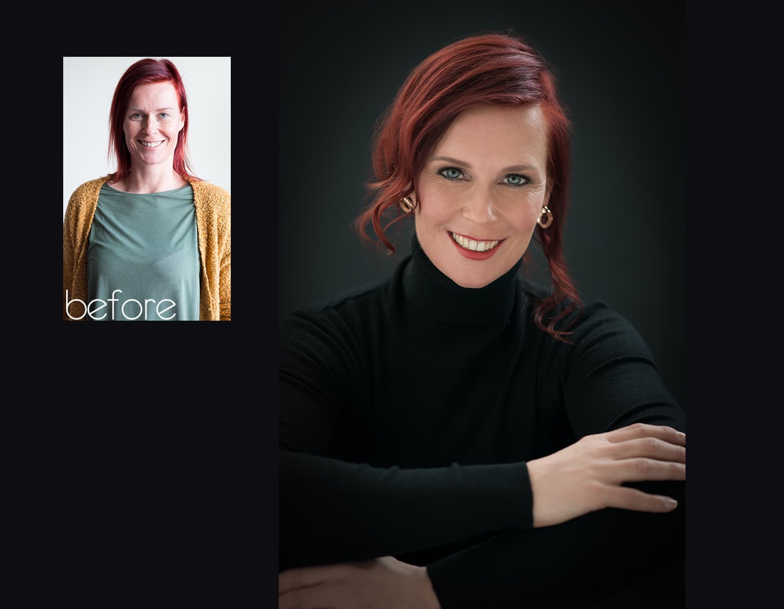 Before and after portraits of a woman with red hair: on the left, casual outfit and natural look with 'before' text; on the right, formal black turtleneck, styled hair, makeup, and smiling with arms crossed.