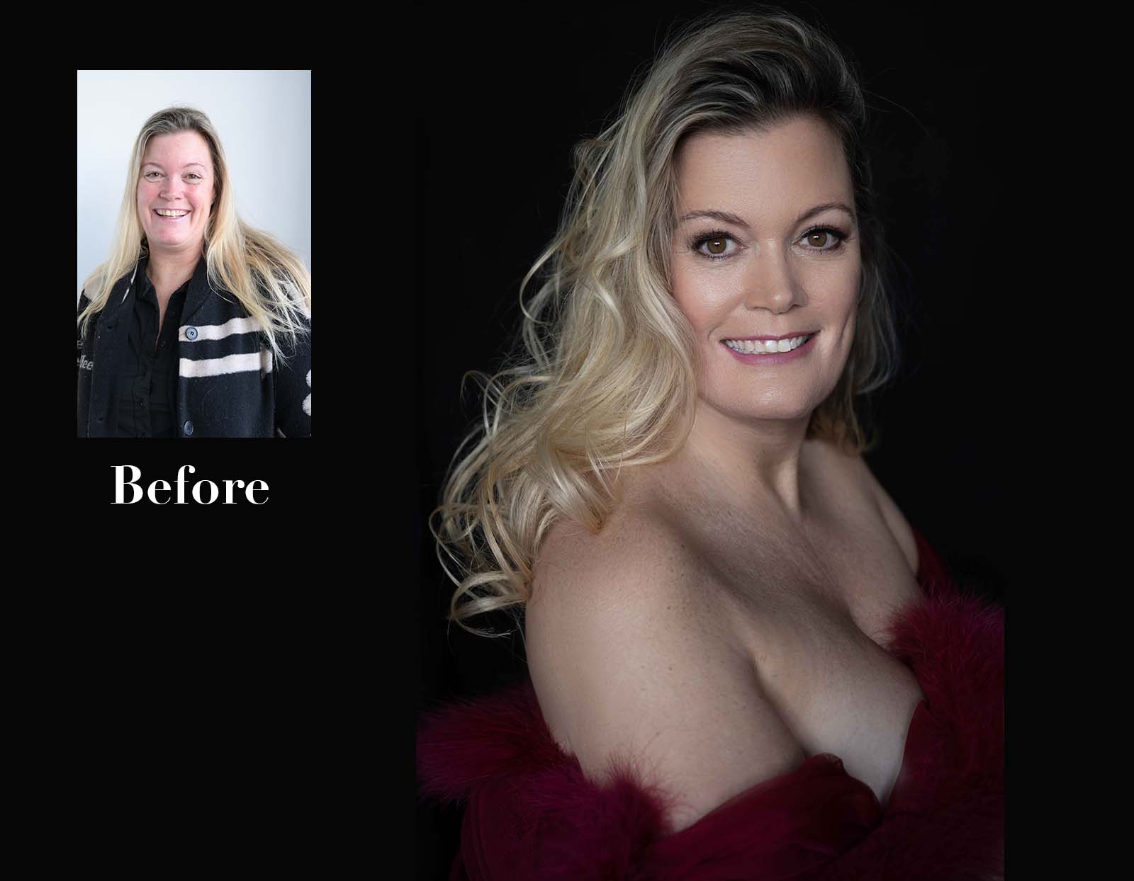Side-by-side before and after photos of a woman. In the before image, she wears a black and white cardigan and a black shirt, smiling with loose straight hair. In the after image, she poses against a black background with styled wavy blonde hair, wearing an off-shoulder burgundy wrap, showing a more polished and glamorous look with makeup.