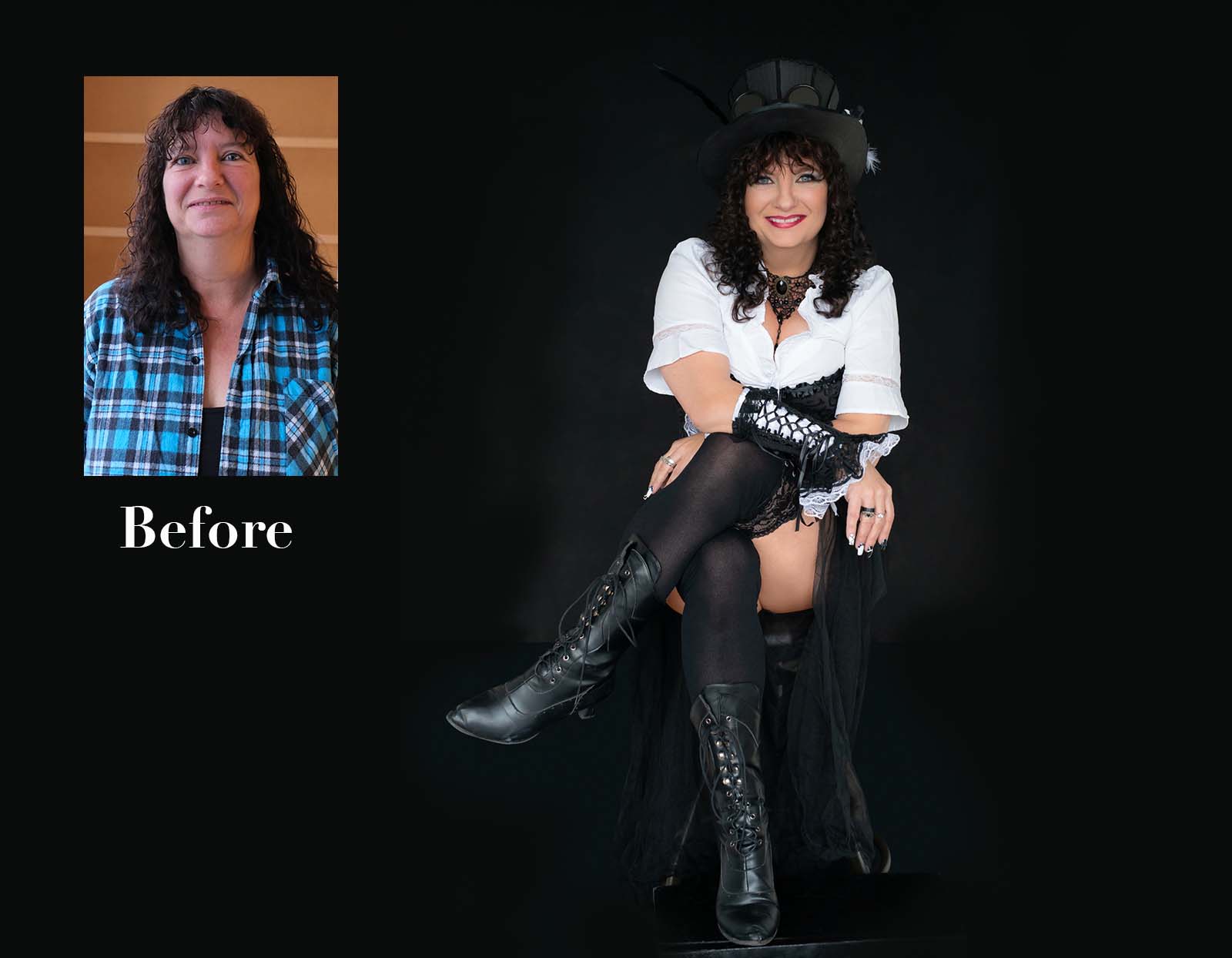Before and after images of a woman with curly dark hair, showing a transformation. The left photo labeled 'Before' shows her in a blue plaid shirt with a neutral expression against a brown background. The right larger photo shows her with styled curls, makeup, and wearing a white blouse with black corset, black stockings, lace gloves, tall black boots, and a black top hat with goggles, posing confidently against a black background.