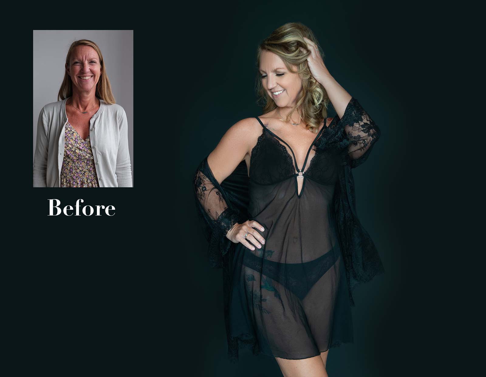 Side-by-side before and after photos of a woman. The 'Before' photo shows her smiling with straight blonde hair, wearing a floral dress and light cardigan against a plain gray background. The 'After' photo shows her posing confidently against a dark background, wearing black sheer lace lingerie and a matching robe, with styled wavy blonde hair and a hand touching her head.