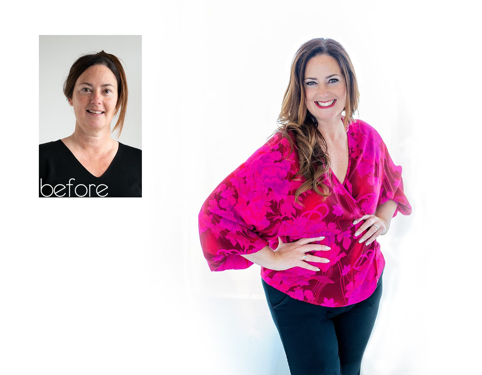 Side-by-side before and after photos of a woman: in the before, she wears a simple black top with hair pulled back and no makeup; in the after, she smiles brightly wearing a vibrant pink floral blouse with long styled hair, makeup, and manicured nails, hands on her hips.