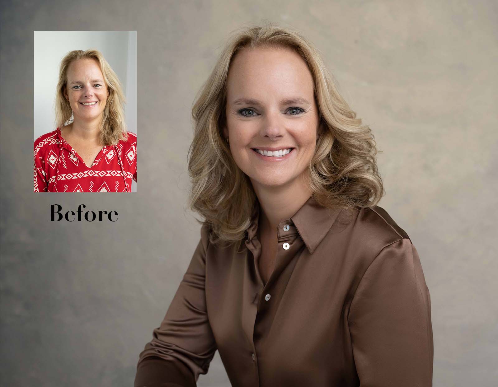 Before and after portrait of a woman with blonde hair; the before image shows her in a red patterned top with loose hair, and the after image shows her smiling with styled hair wearing a brown satin blouse against a neutral background.