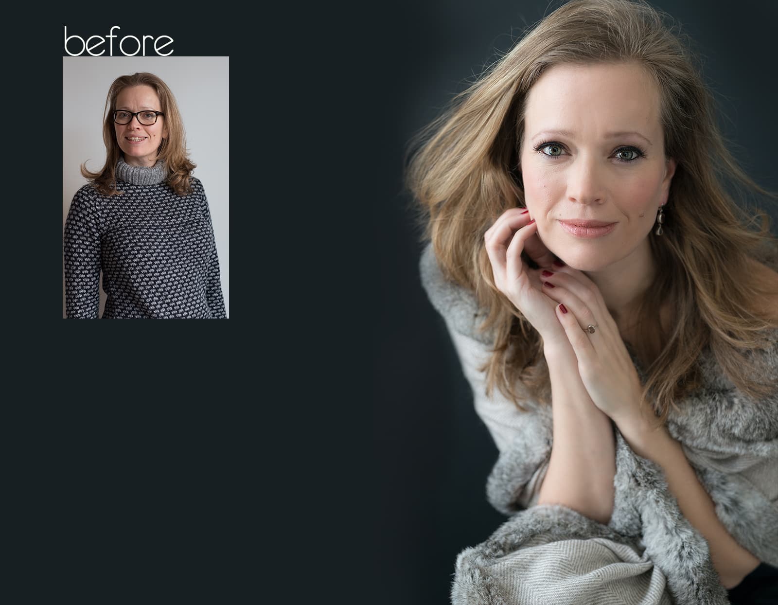 Side-by-side before and after portrait of a woman: before shows her with glasses, no makeup, and a patterned sweater; after shows her without glasses, wearing makeup, styled hair, earrings, and a fur-like shawl, posing with hands near her face.