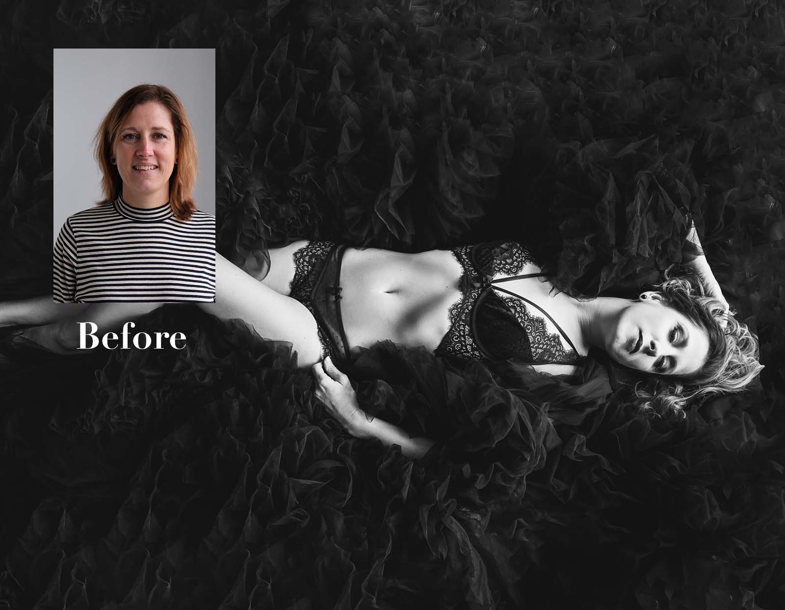 Black and white boudoir photo of a woman lying on a voluminous dark fabric, wearing a lace lingerie set, with a smaller inset color portrait of the same woman smiling and wearing a striped shirt labeled 'Before.'
