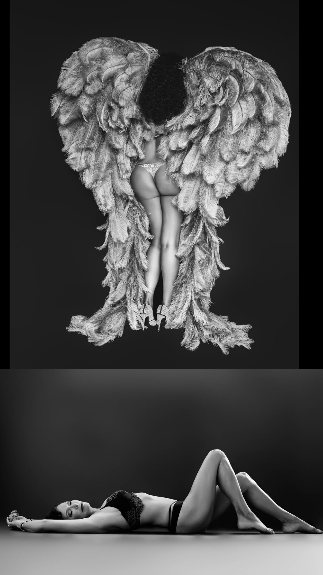 Black and white composite image of a woman in lingerie. The top part shows her standing with large feathered angel wings on her back facing away from the camera. The bottom part shows her lying on her back on the floor with legs bent and arms stretched above her head, eyes closed.