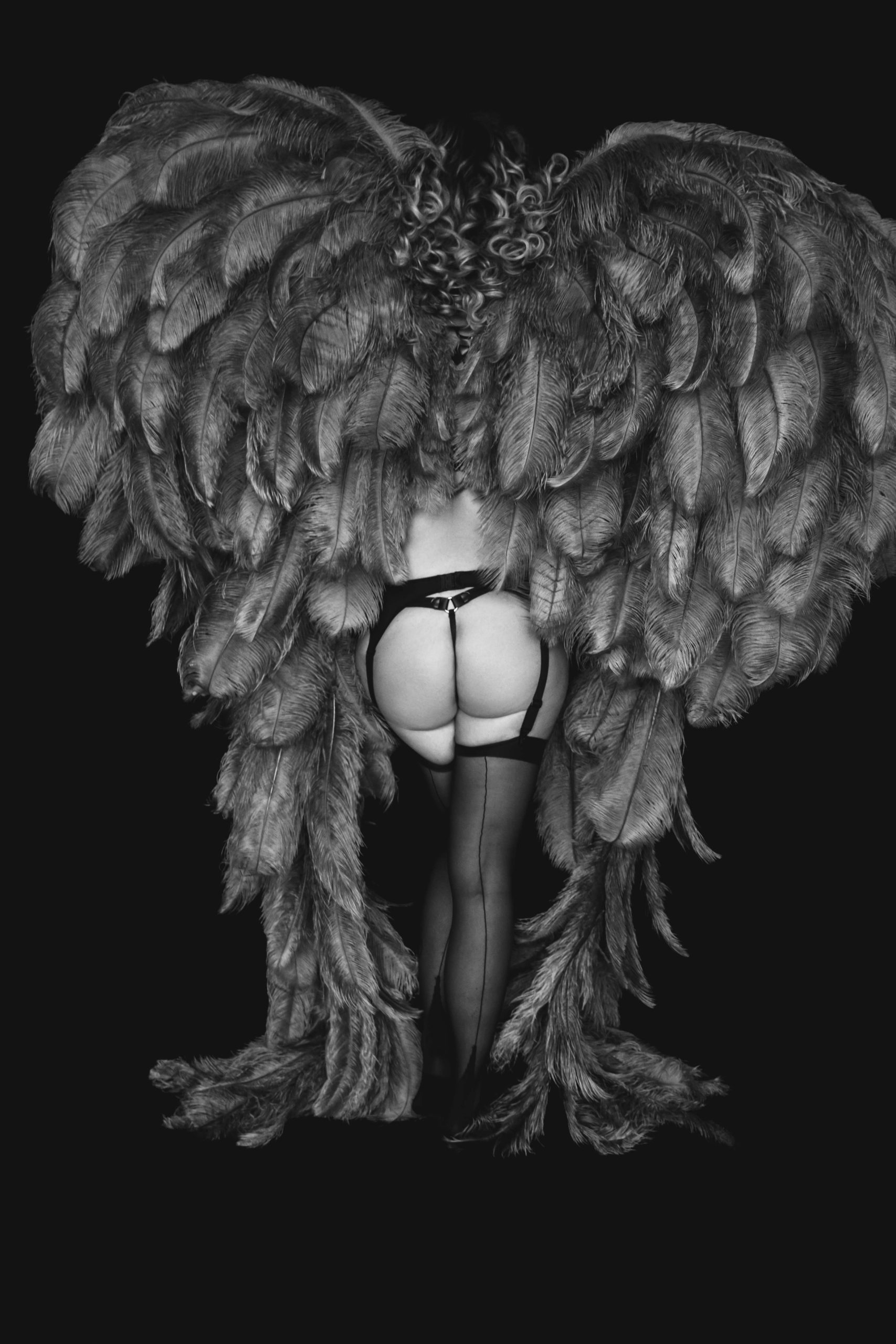 Black and white photo of a person from behind wearing large feathered wings, black stockings with back seams, and garter belt lingerie against a black background.